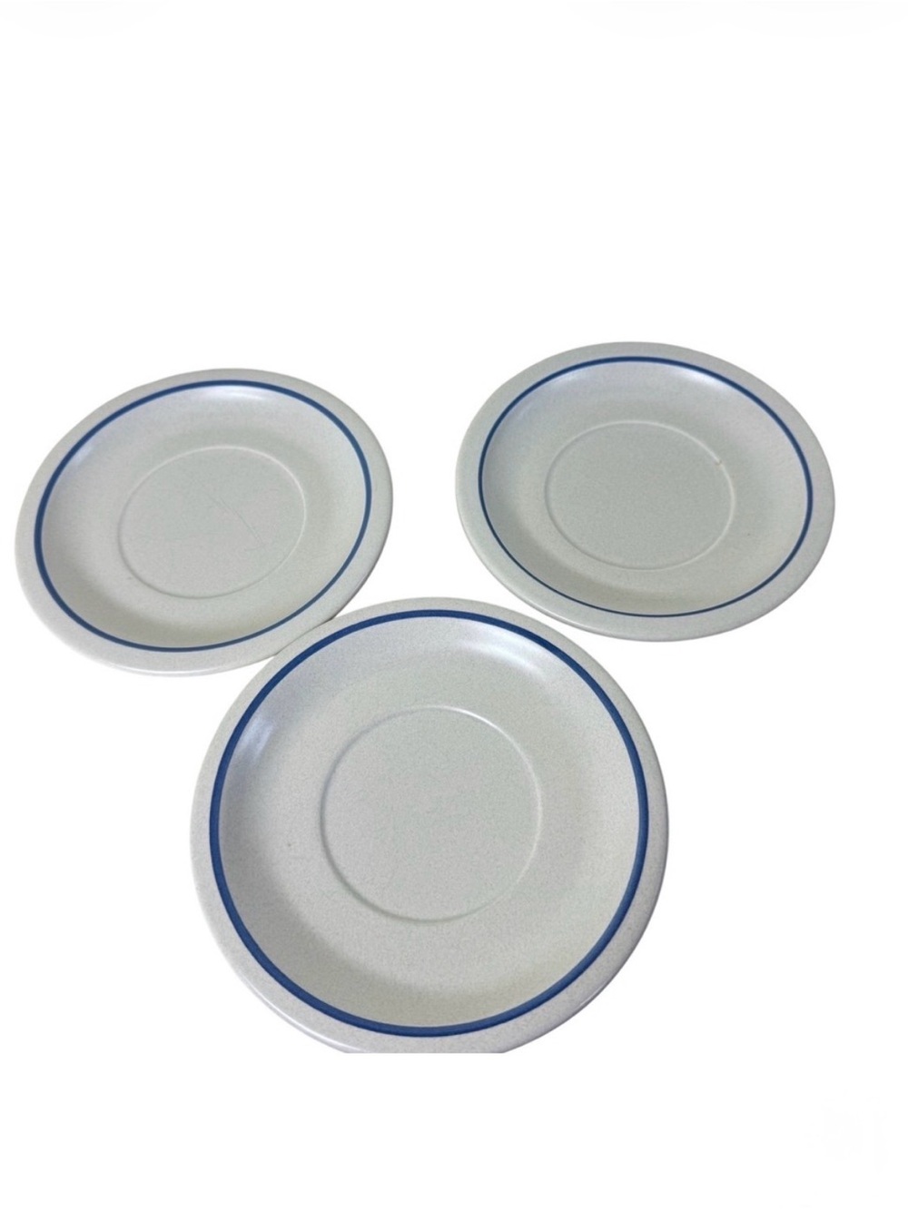Pfaltzgraff Village Saucers Set of 3 Vintage Stoneware Gray Navy Blue Rim USA